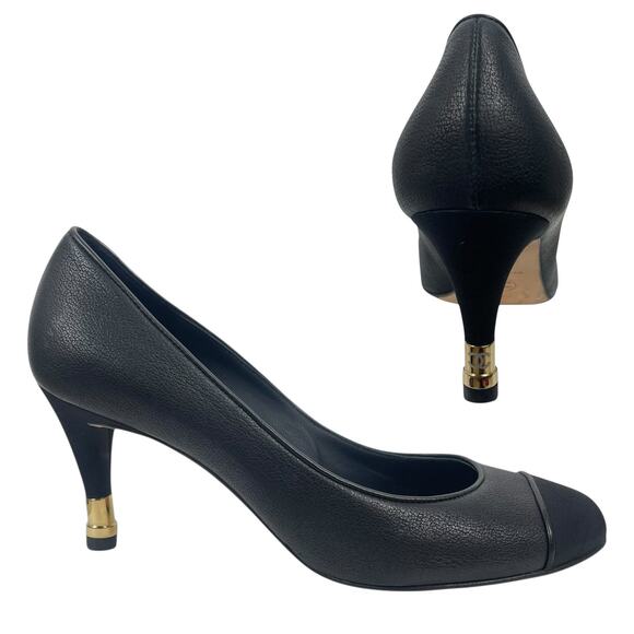 Chanel CC Logo Gold Tipped Heel Cap Toe Leather Pump Black Size 38 - Picture 1 of 10